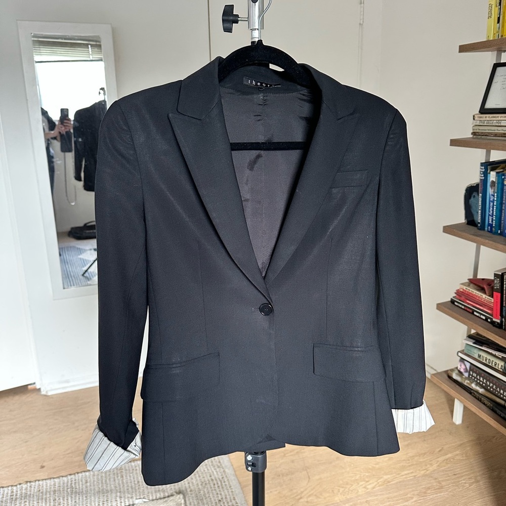 Theory Black Blazer with Striped Cuffs Size 4